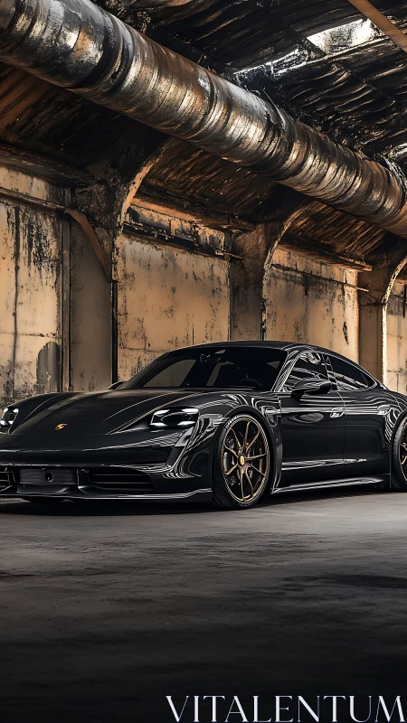Black sports car parked in gritty industrial garage.