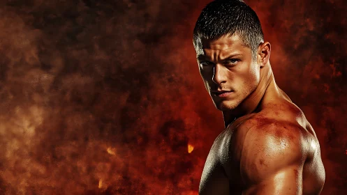 Intense muscular fighter glares against blazing backdrop.