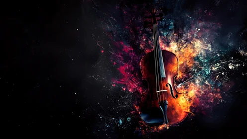 Violin centered in abstract burst of vivid color fields.