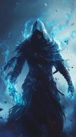Hooded spectral warlock with cyan arcane plasma aura ignited