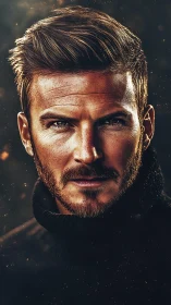 Storm-eyed stranger framed in embers and shadowed wool.