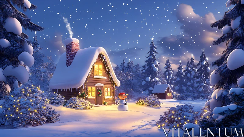 Snow covered forest cabins with snowman at winter dusk.