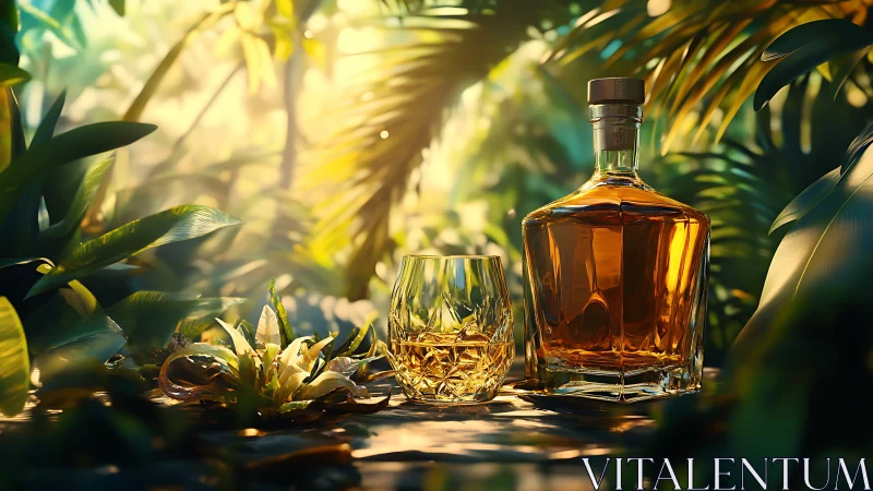Whiskey decanter glows amid lush sunlit jungle foliage.