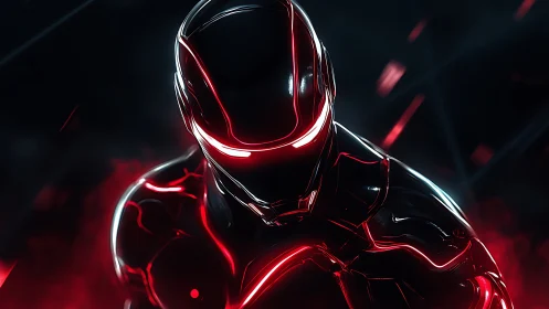 Cybernetic combat exosuit with red neon edge lighting, frontal