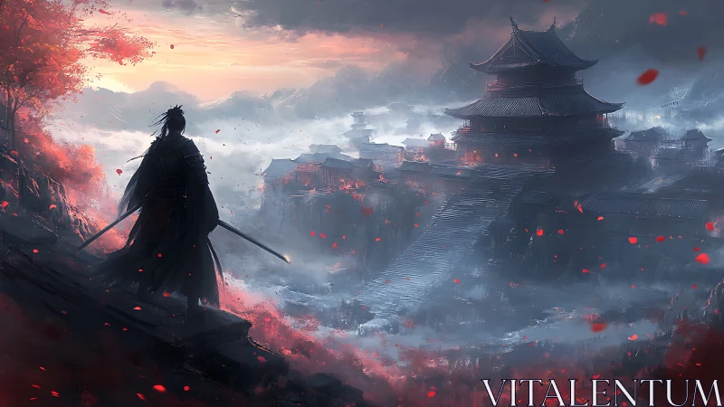 Digital painting of lone samurai above misted mountain citadel.