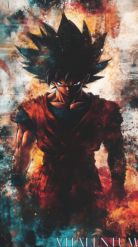 Fiery anime warrior emerging from abstract cosmic storm.