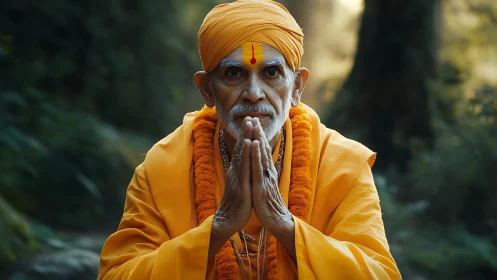 Elderly monk in saffron robes offers a serene forest blessing.