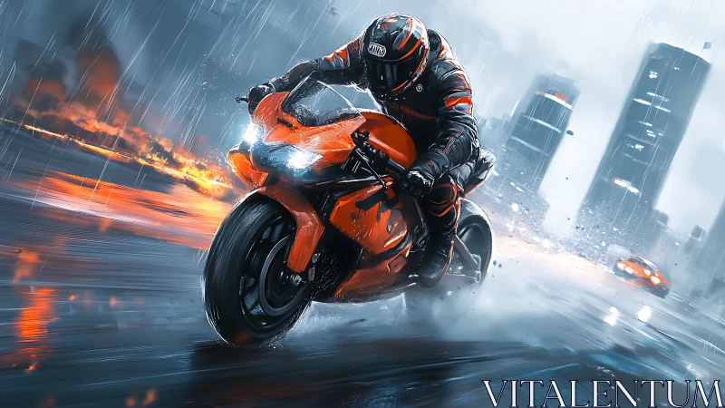 Dynamic orange superbike in cinematic rain pursuit scene.