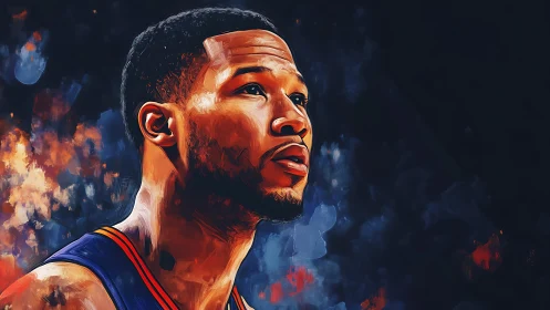 Basketball player portrait rendered as vivid digital painting