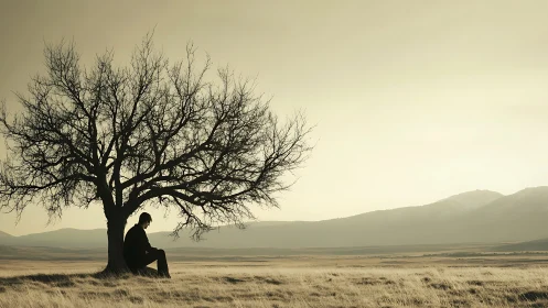 Solitary man rests under bare tree in muted open plain