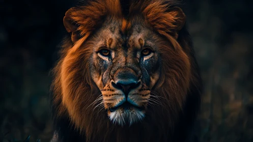 Lion head fills dark frame and stares directly forward