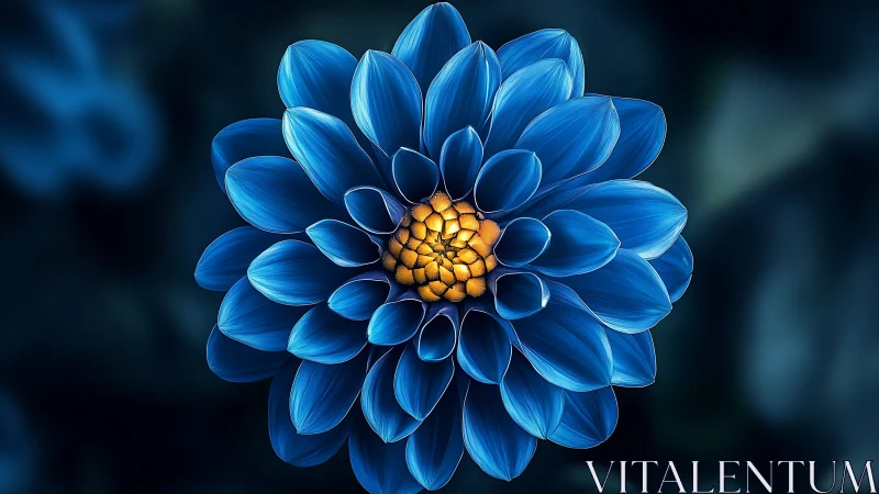 Blue Dahlia Bloom with Golden Center Against Dark Background