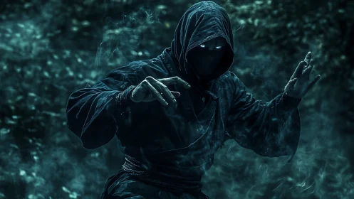 Stealth ninja fighter in smoky teal low key cinematic lighting.