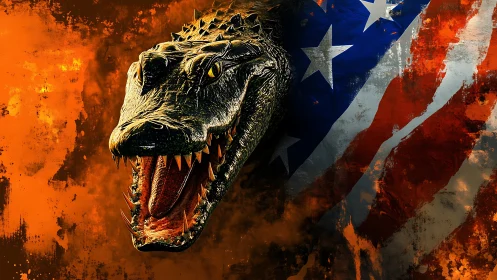 Digitally rendered crocodilian head with distressed US flag backdrop.