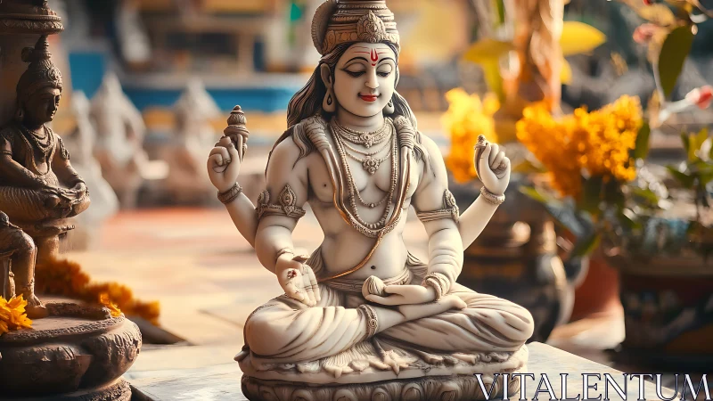 Intricately carved multi-armed deity statue in balanced meditative pose