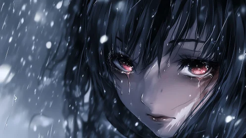 Close-up rain-soaked anime portrait reveals glossy tear rendering