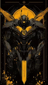 Neon war-seraph descends, sheathing its molten amber blade