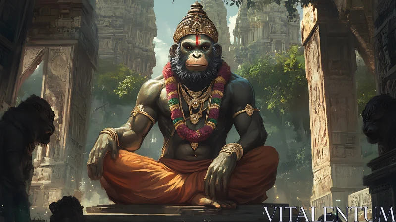Simian deity in meditative pose anchors ornate temple courtyard
