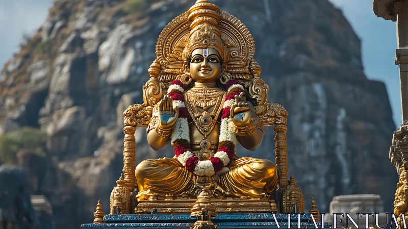 Golden mountain deity radiates serene power in open sky.