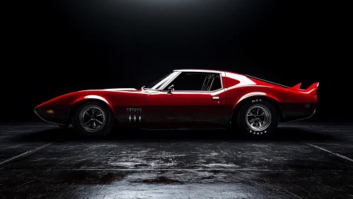 Low-lit studio profile celebrates sleek red classic muscle car.
