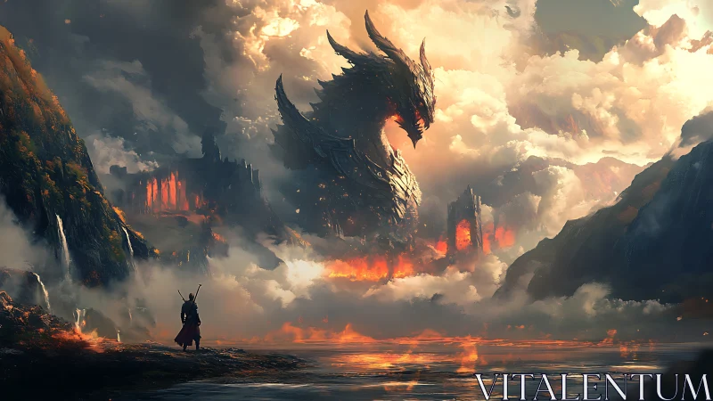 Armored fire dragon looms above lone warrior in clouds.