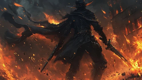 Flame-lit gunslinger silhouette amid collapsing inferno cityscape