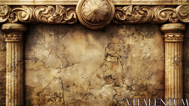 Weathered classical columns frame cracked golden wall.