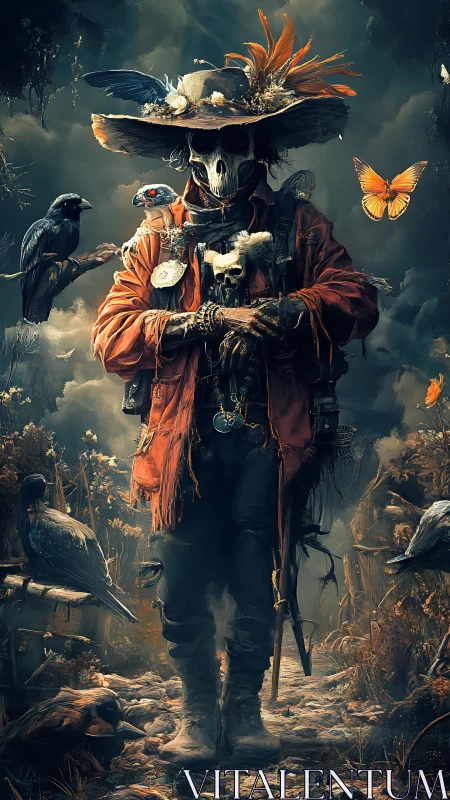 Bone-masked wanderer commands crows in stormlit marsh