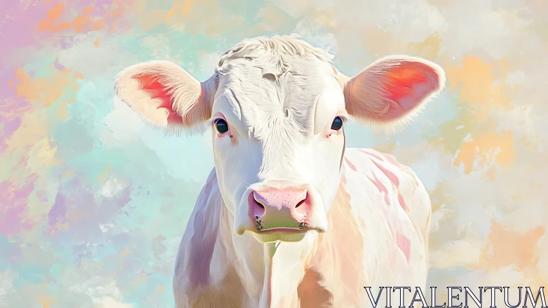 Gentle white cow stands before dreamy pastel sky backdrop.