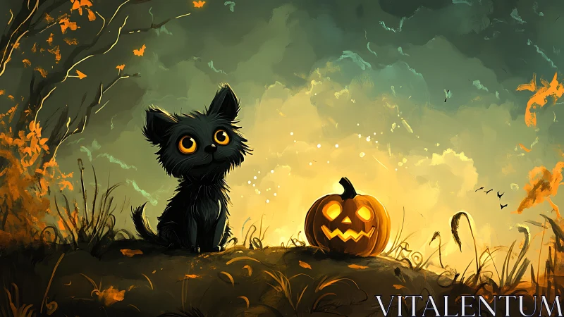 Backlit black kitten and carved pumpkin under luminous autumn sky