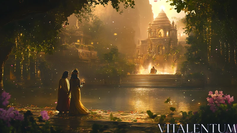 Riverside temple complex at dusk with robed figures present.