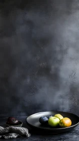 Still life arrangement shows fruit on plates against dark wall