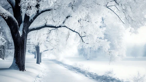 Frost-laden winter lane drifts into a dreamlike white hush.