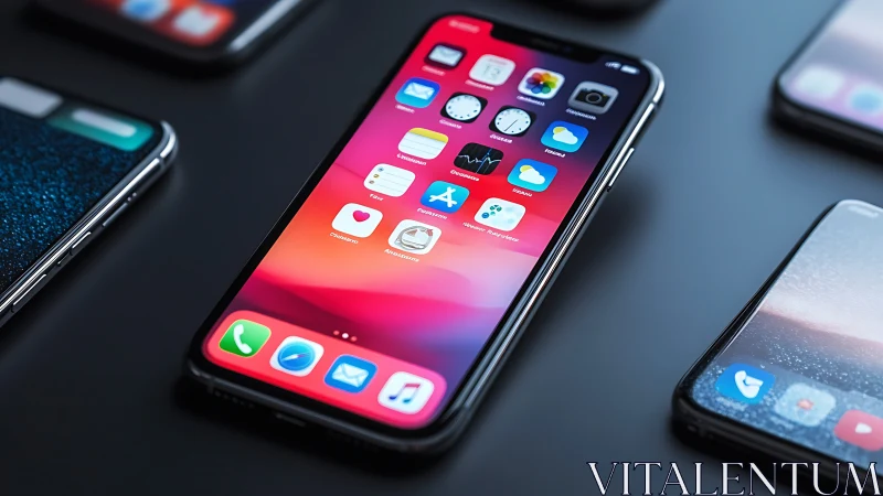 Midnight desktop of gleaming phones quietly staging a glow