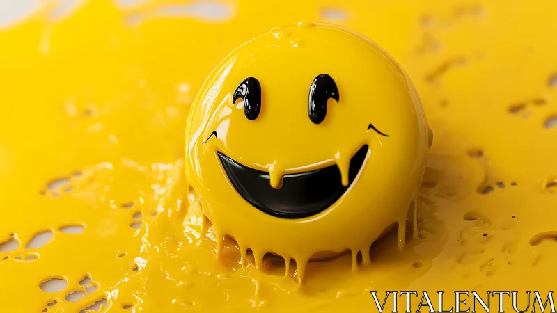 Melting yellow smiley face ball in glossy liquid pool.