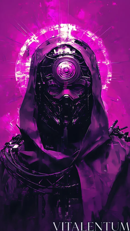 Neon oracle cyborg crowned in radiant magenta halo light.
