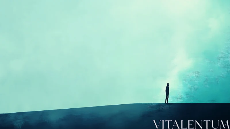 Solitary human figure on sloped horizon under teal sky.
