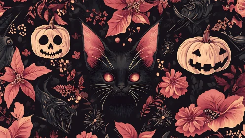 Halloween Black Cat with Jack-O-Lanterns and Autumn Blooms.