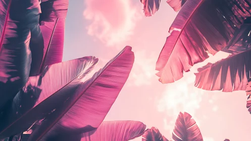 Infrared-tinted banana foliage under diffuse pastel skylight.