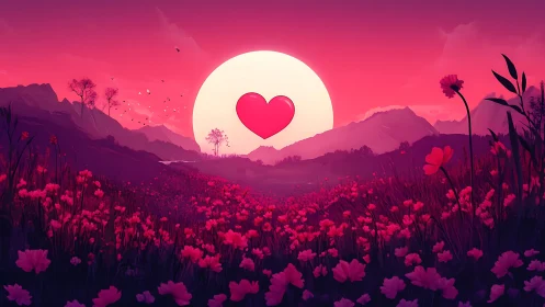 Illustrated landscape with heart symbol against full moon