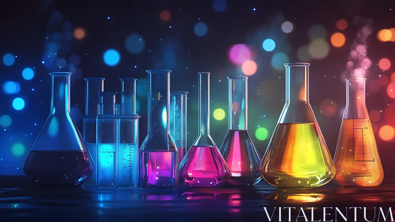 Colorful laboratory glassware against blurred bokeh background.