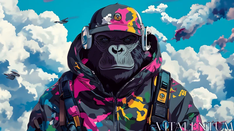 Gorilla pilot wears neon camo flight gear under vast clouds