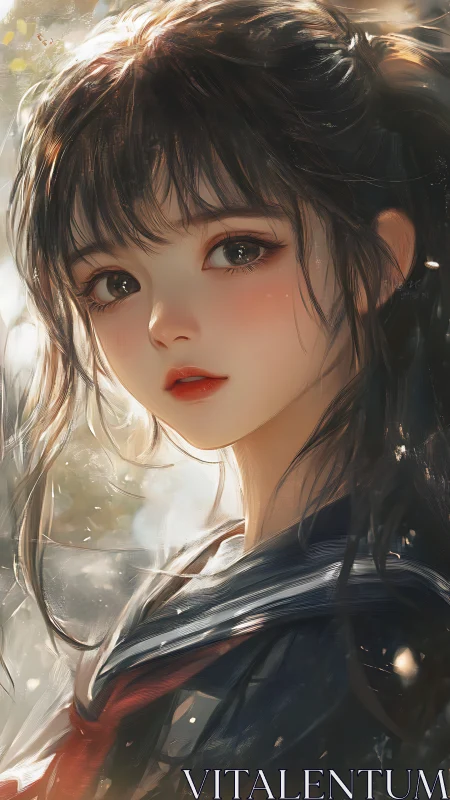 Soft sunlight graces a gentle schoolgirl’s thoughtful gaze