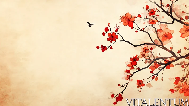 Gentle blossom branches welcoming a lone wandering bird.