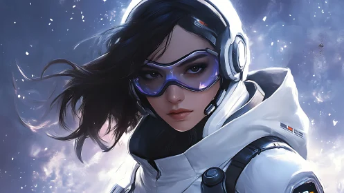 Futuristic female pilot in insulated white suit with reflective visor