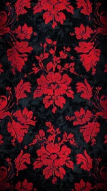 Red floral damask pattern repeats on dark textured fabric