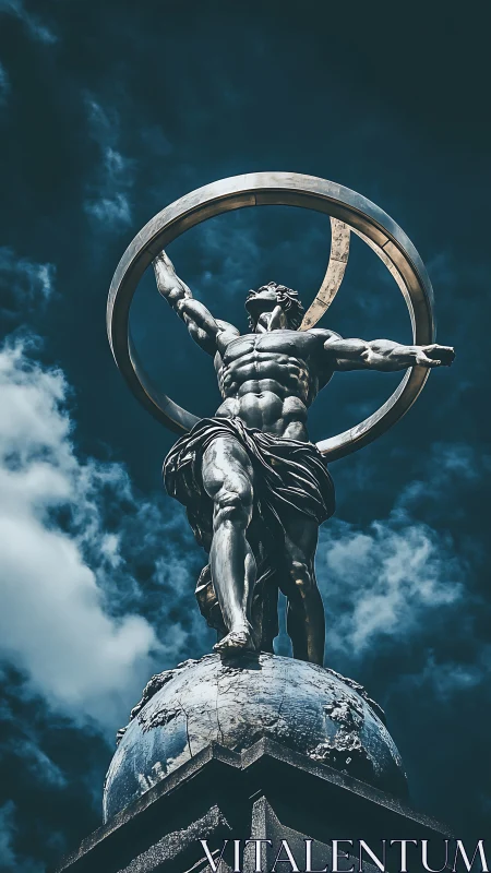 Heroic metal statue of muscular figure holding rings aloft.