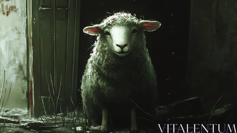 Solitary sheep stands in dim architectural doorway