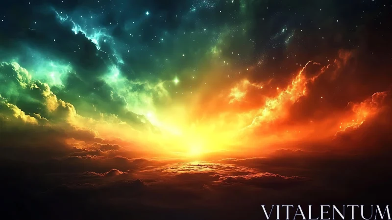 Cosmic sunrise igniting clouds beneath a vivid nebula sky.