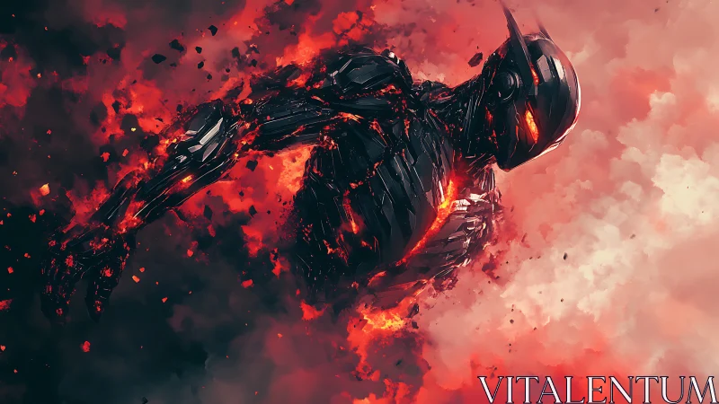 Molten armored cyborg bursts through fiery crimson smoke.